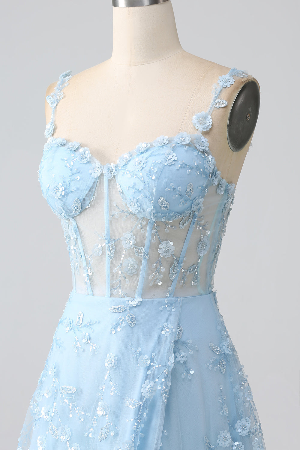 Sparkly Blue A Line Spaghetti Straps Sequin Corset Prom Dress With Slit Sparkly Blue A Line Spaghetti Straps Sequin Corset Prom Dress With Slit