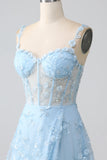 Sparkly Blue A Line Spaghetti Straps Sequin Corset Prom Dress With Slit Sparkly Blue A Line Spaghetti Straps Sequin Corset Prom Dress With Slit