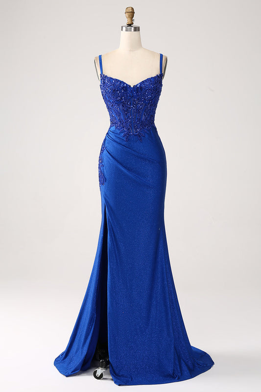 Royal Blue Prom Dress Glitter Mermaid Spaghetti Straps Long Formal Dress with Appliques