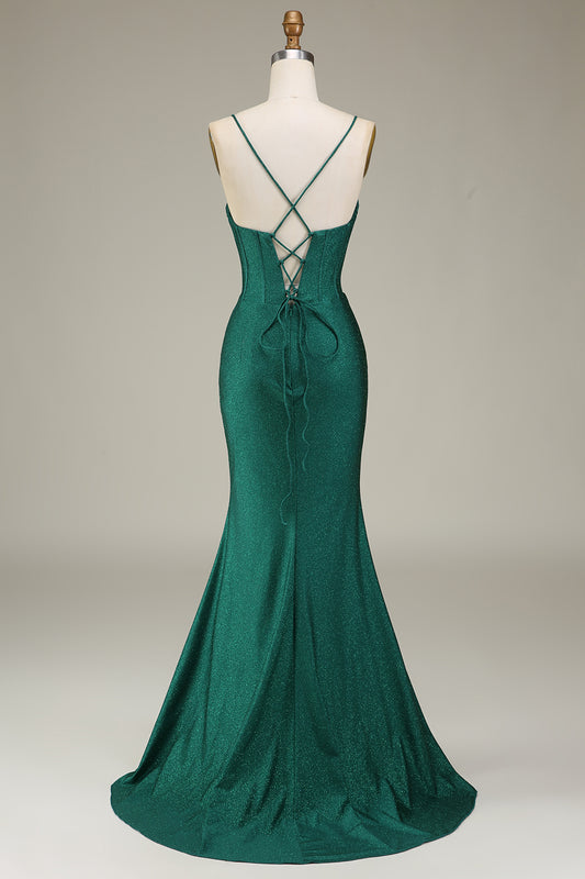 Dark Green Spaghetti Straps Mermaid Prom Dress with slit