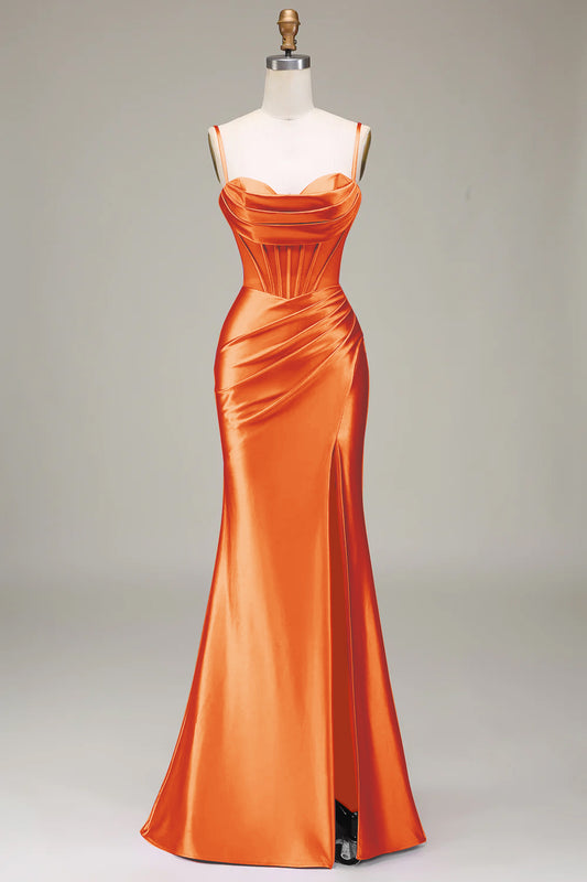 Orange Prom Dress with Corset Satin Spaghetti Straps Evening Party Dress with Slit