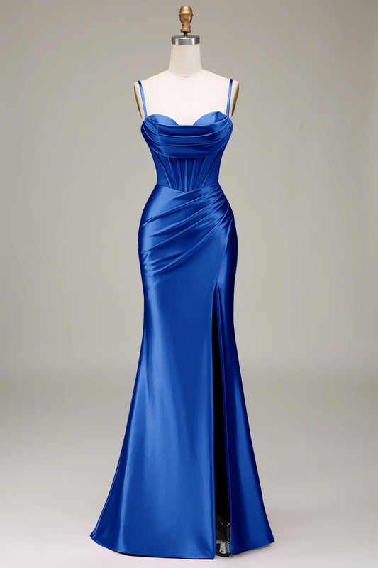 Royal Blue Prom Dress with Corset Satin Spaghetti Straps Evening Party Dress with Slit