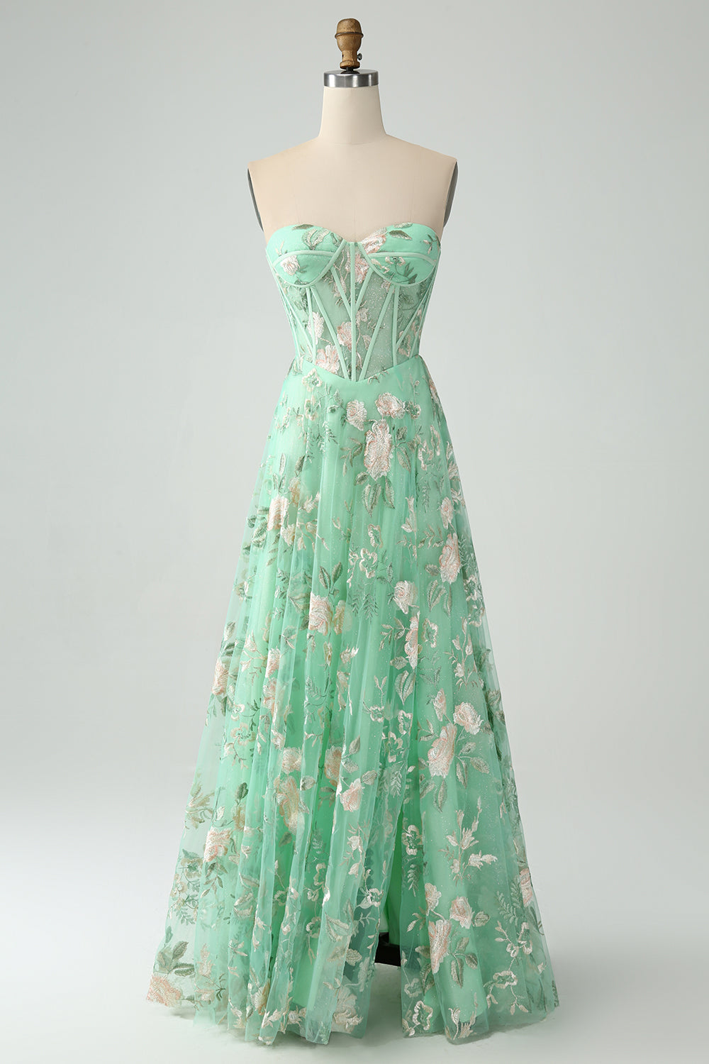 Zapakasa Women Strapless Green Corset Prom Dress with Slit Strapless Printed Party Dress Zapakasa Women Strapless Green Corset Prom Dress with Slit Strapless Printed Party Dress
