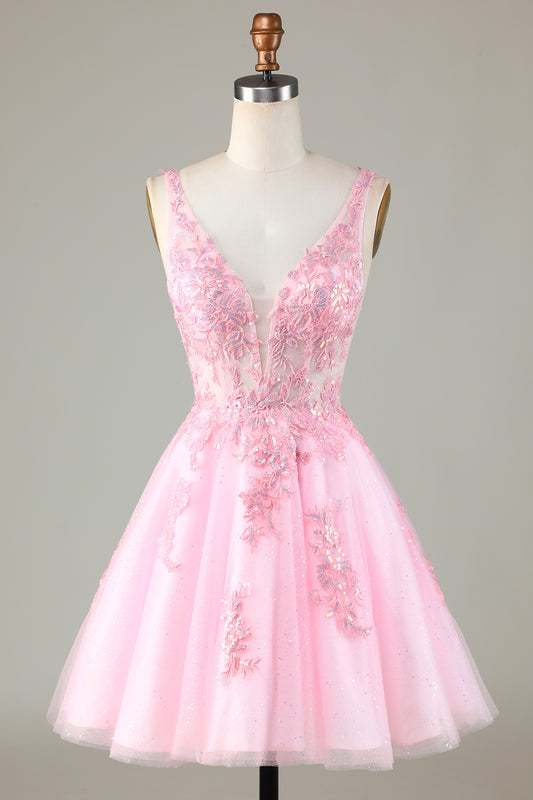 Pink Beaded V Neck Backless Tulle Short Homecoming Dress