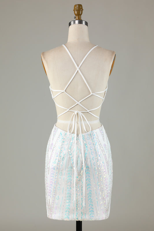 White Halter Neck Beaded Cut Out Tight Short Homecoming Dress