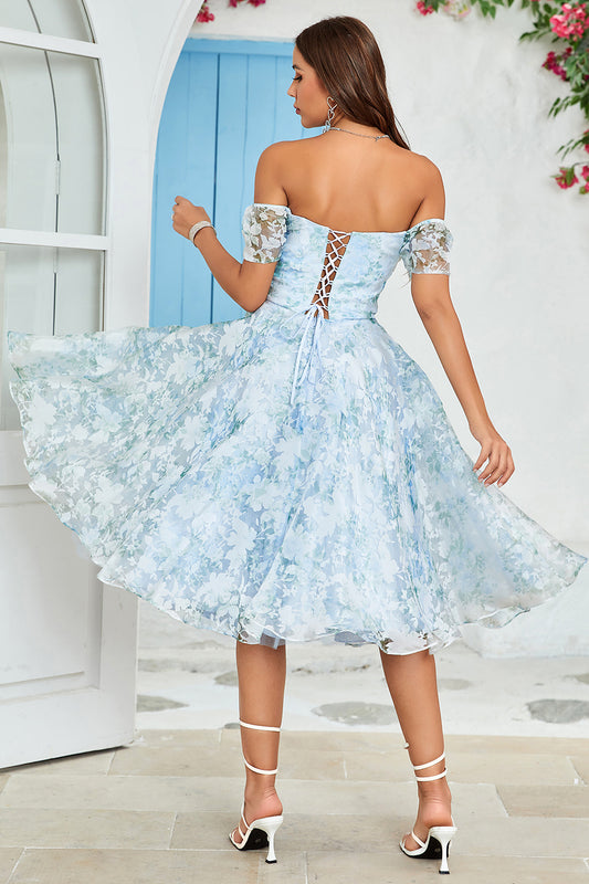Blue Floral Off The Shoulder Printed Short Homecoming Dress