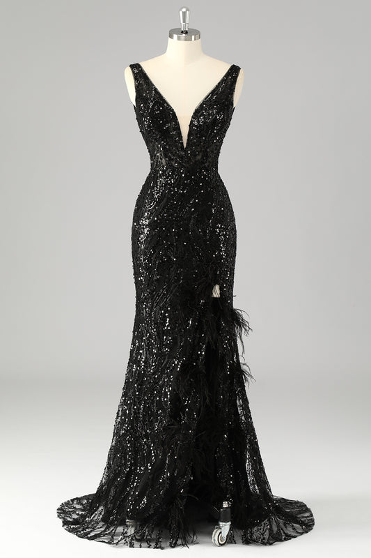 Sparkly V-Neck Sequin Mermaid Long Prom Dress with Feathers