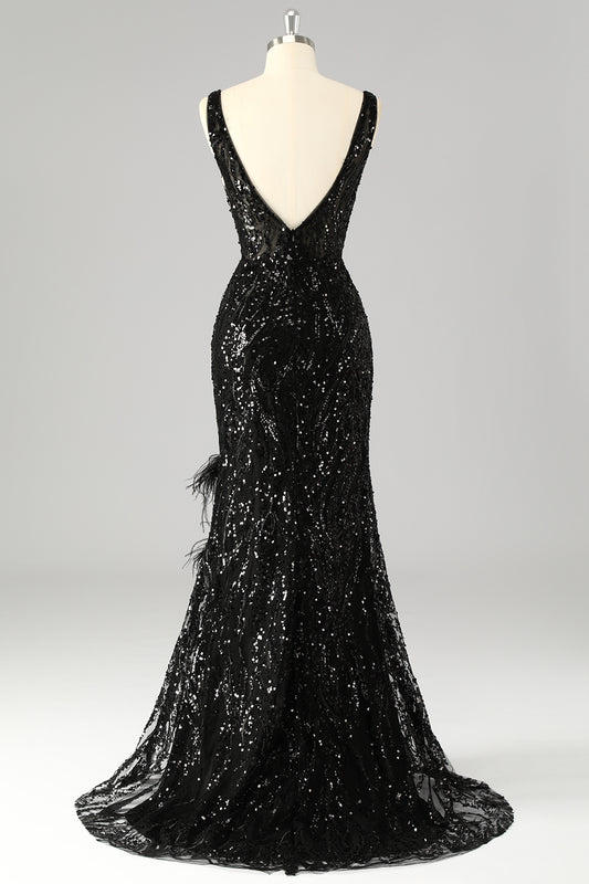 Sparkly V-Neck Sequin Mermaid Long Prom Dress with Feathers