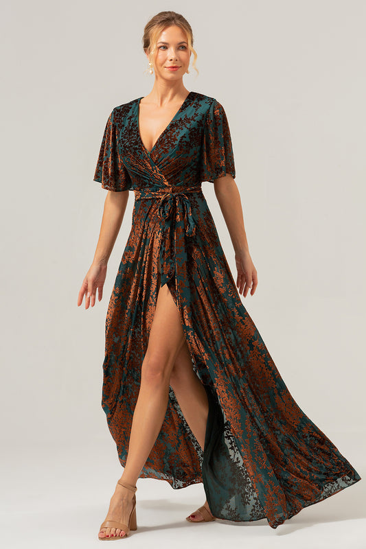 Dark Green Burnout Velvet Floor Length Prom Dress with Short Sleeve A-Line V Neck Bridesmaid Dress with Slit