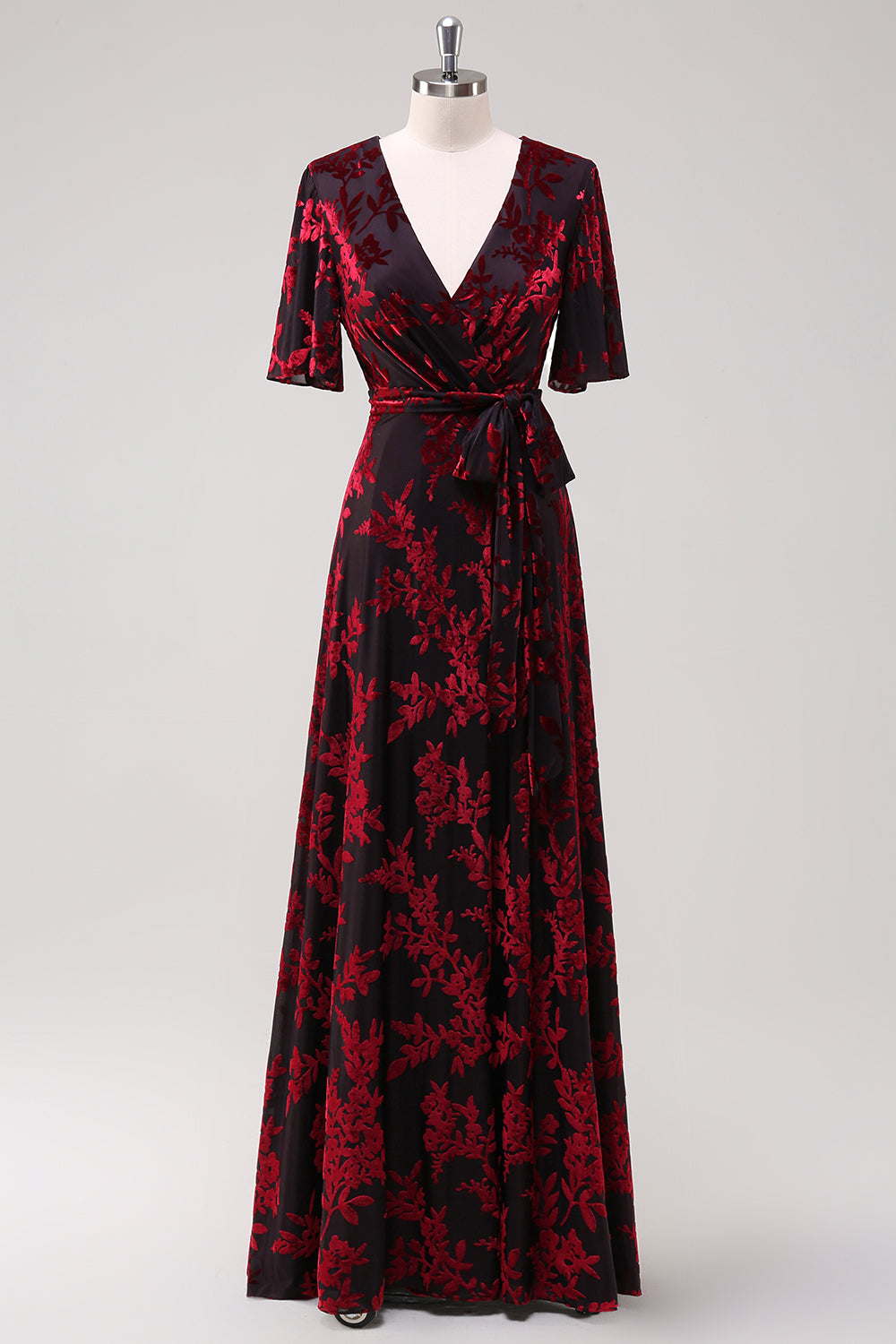 Burgundy Burnout Velvet Floor Length Prom Dress with Short Sleeve A-Line V Neck Bridesmaid Dress with Slit Burgundy Burnout Velvet Floor Length Prom Dress with Short Sleeve A-Line V Neck Bridesmaid Dress with Slit
