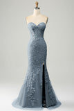 Grey Blue Mermaid Sweetheart Corset Appliques Prom Dress With Side Slit Grey Blue Mermaid Sweetheart Corset Appliques Prom Dress With Side Slit