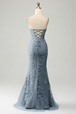 Grey Blue Mermaid Sweetheart Corset Appliques Prom Dress With Side Slit Grey Blue Mermaid Sweetheart Corset Appliques Prom Dress With Side Slit