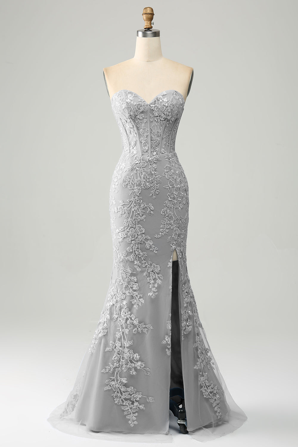 Grey Blue Mermaid Sweetheart Corset Appliques Prom Dress With Side Slit Grey Blue Mermaid Sweetheart Corset Appliques Prom Dress With Side Slit