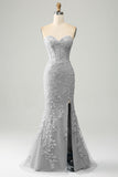 Grey Blue Mermaid Sweetheart Corset Appliques Prom Dress With Side Slit Grey Blue Mermaid Sweetheart Corset Appliques Prom Dress With Side Slit