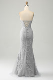 Grey Blue Mermaid Sweetheart Corset Appliques Prom Dress With Side Slit Grey Blue Mermaid Sweetheart Corset Appliques Prom Dress With Side Slit