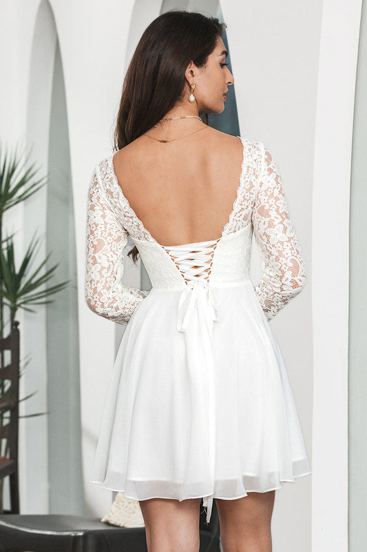 White Bateau Long Sleeves Backless Short Graduation Dress