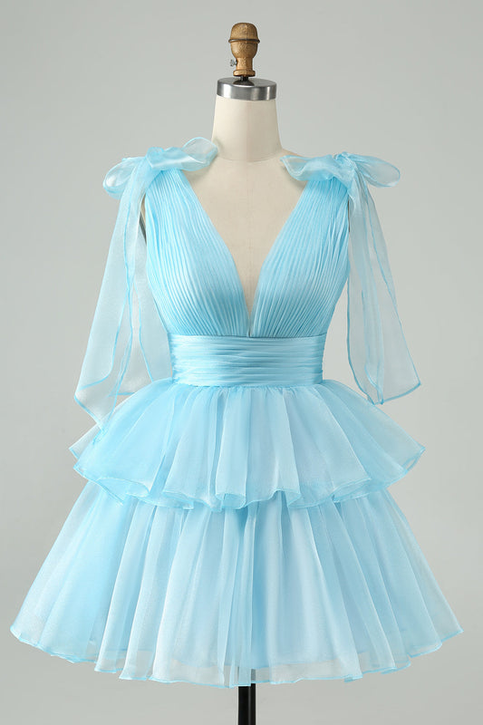 Sky Blue Homecoming Dress A Line V Neck Tulle Tiered Short Cocktail Dress