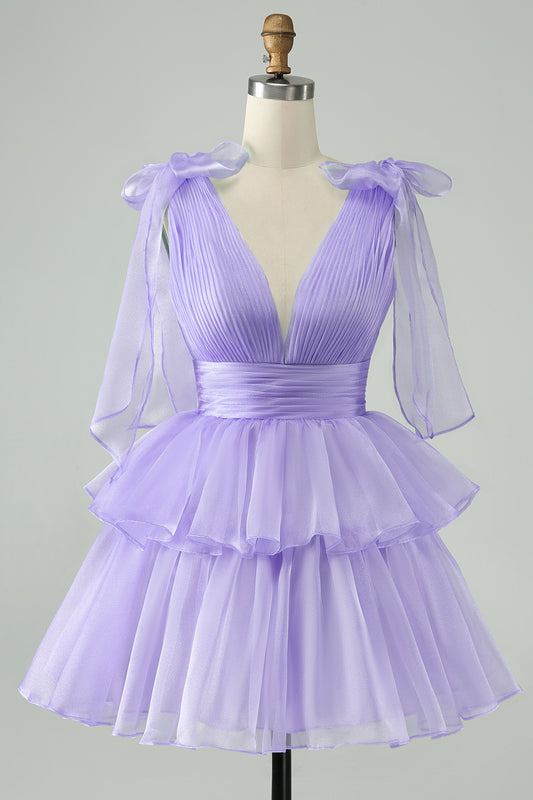 Purple A Line V Neck Homecoming Dress Tulle Tiered Short Cocktail Dress