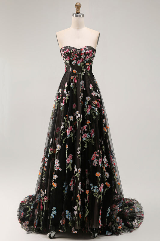 Black Strapless Floral A Line Long Prom Dress