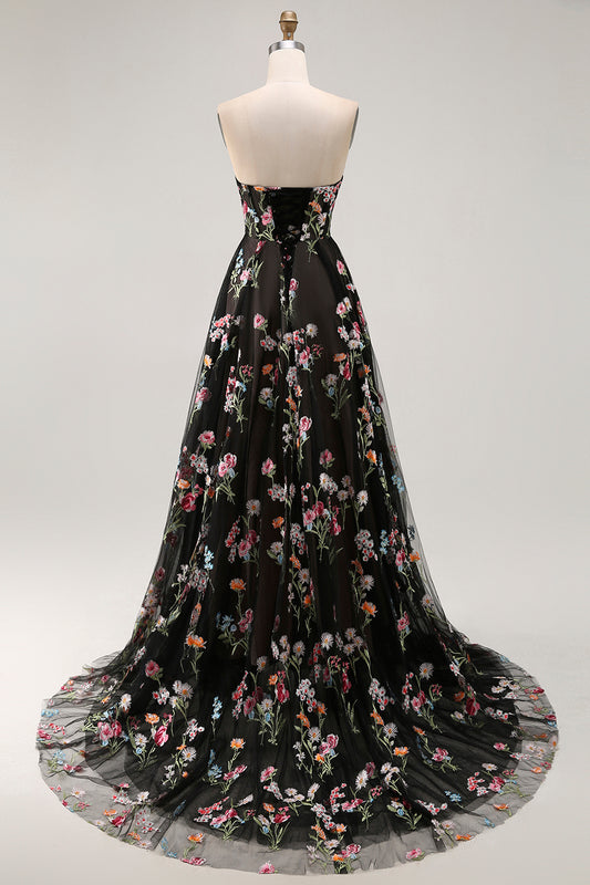 Black Strapless Floral A Line Long Prom Dress