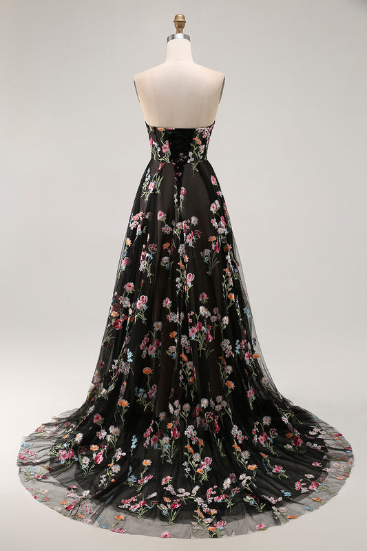 Black Strapless Floral A Line Long Prom Dress