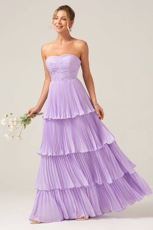 A-Line Sweetheart Lilac Chiffon Bridesmaid Dress with Pleated Tiered Floor Length Wedding Guest Dress