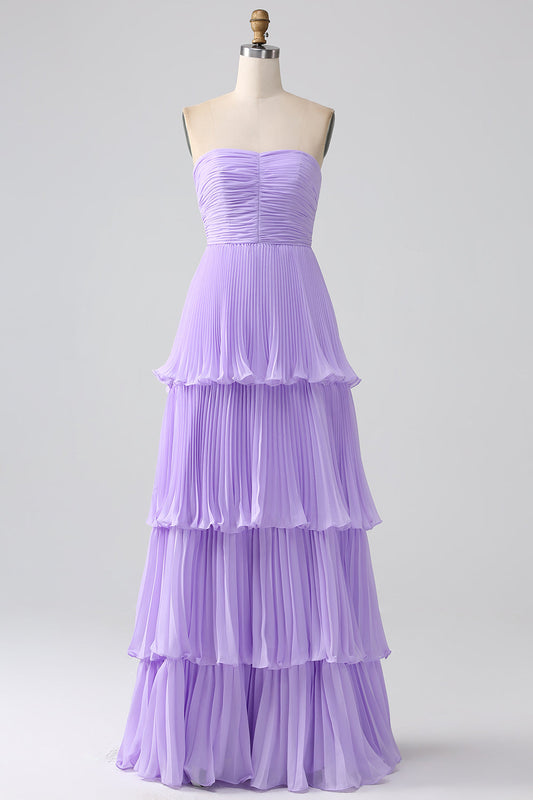 A-Line Sweetheart Lilac Chiffon Bridesmaid Dress with Pleated Tiered Floor Length Wedding Guest Dress