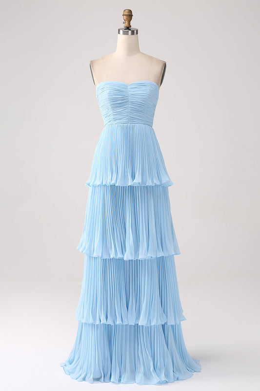 A-Line Sweetheart Sky Blue Chiffon Bridesmaid Dress with Pleated Tiered Floor Length Wedding Guest Dress