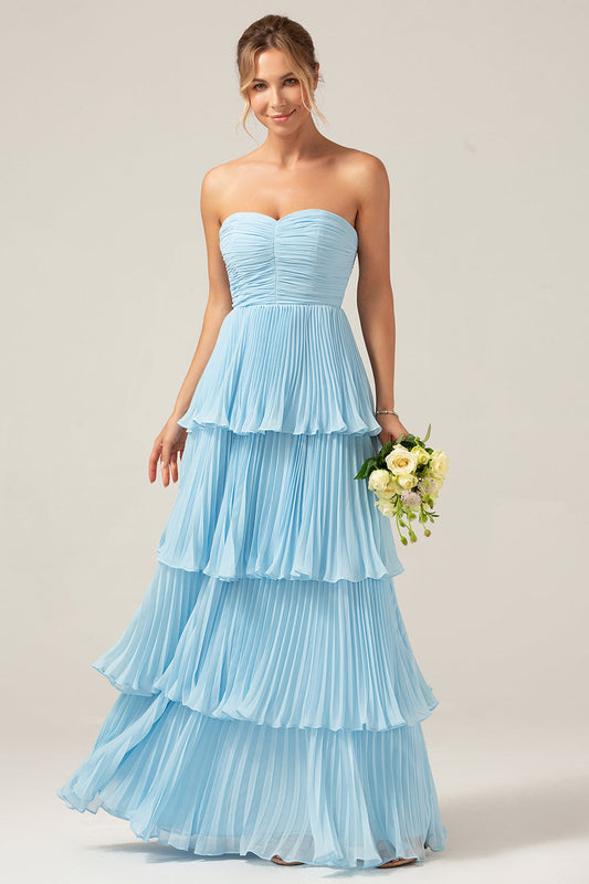 A-Line Sweetheart Sky Blue Chiffon Bridesmaid Dress with Pleated Tiered Floor Length Wedding Guest Dress