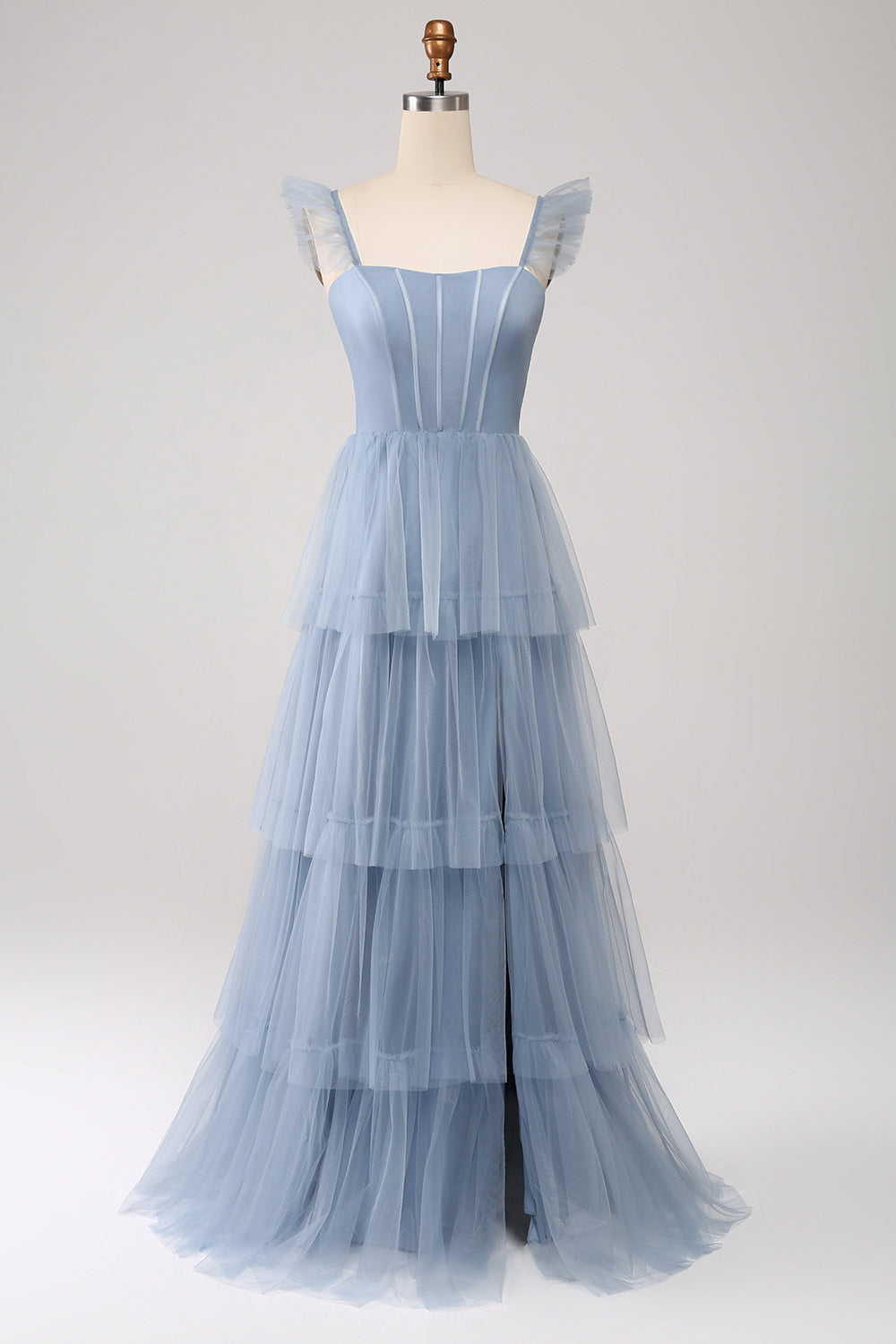 Zapakasa Women Tiered Tulle Corset Bridesmaid Dress with Slit Dusty Blue A Line Wedding Party Dress Zapakasa Women Tiered Tulle Corset Bridesmaid Dress with Slit Dusty Blue A Line Wedding Party Dress