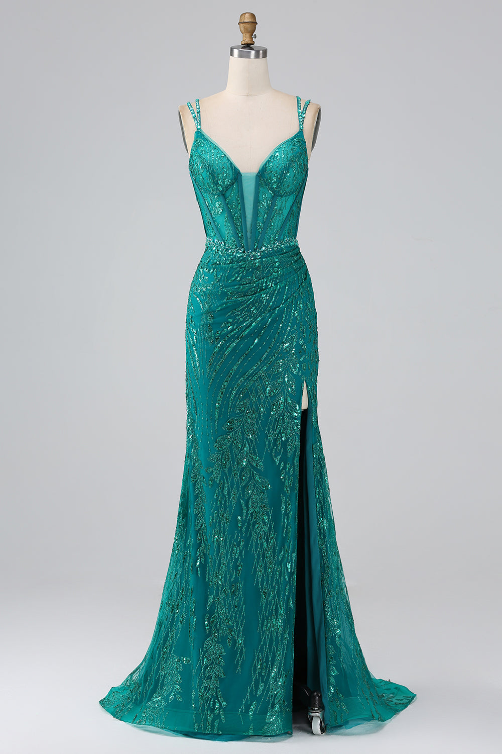 Dark Green Sparkly Mermaid Spaghetti Straps Corset Prom Dress With Slit Dark Green Sparkly Mermaid Spaghetti Straps Corset Prom Dress With Slit