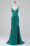 Dark Green Sparkly Mermaid Spaghetti Straps Corset Prom Dress With Slit Dark Green Sparkly Mermaid Spaghetti Straps Corset Prom Dress With Slit