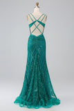Dark Green Sparkly Mermaid Spaghetti Straps Corset Prom Dress With Slit Dark Green Sparkly Mermaid Spaghetti Straps Corset Prom Dress With Slit