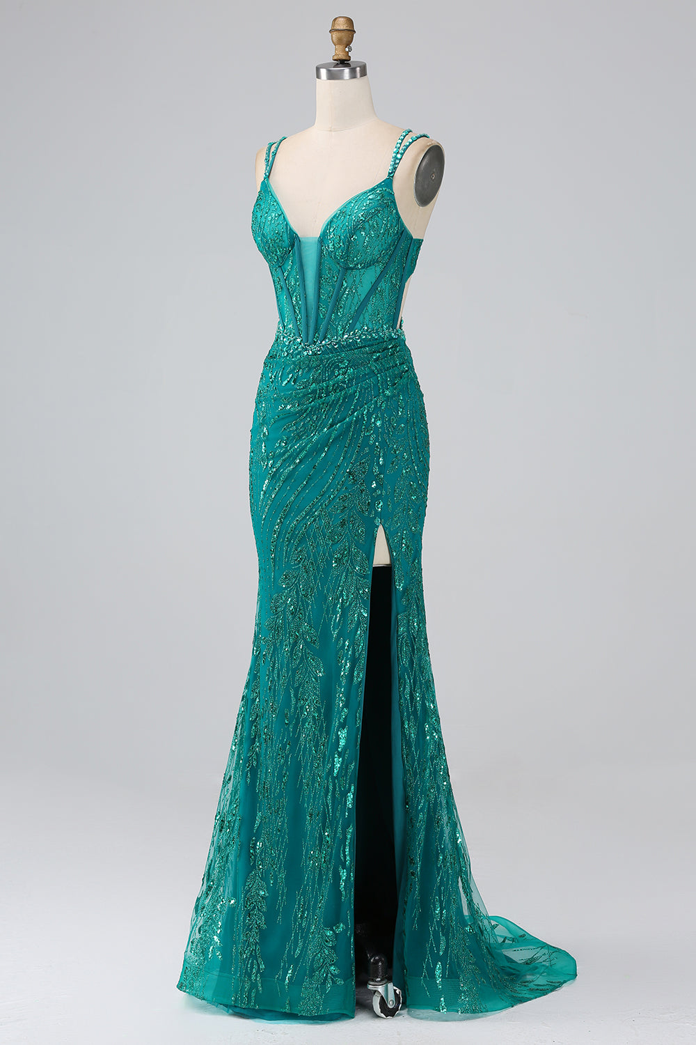 Dark Green Sparkly Mermaid Spaghetti Straps Corset Prom Dress With Slit Dark Green Sparkly Mermaid Spaghetti Straps Corset Prom Dress With Slit