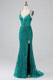 Dark Green Sparkly Mermaid Spaghetti Straps Corset Prom Dress With Slit Dark Green Sparkly Mermaid Spaghetti Straps Corset Prom Dress With Slit