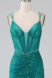 Dark Green Sparkly Mermaid Spaghetti Straps Corset Prom Dress With Slit Dark Green Sparkly Mermaid Spaghetti Straps Corset Prom Dress With Slit