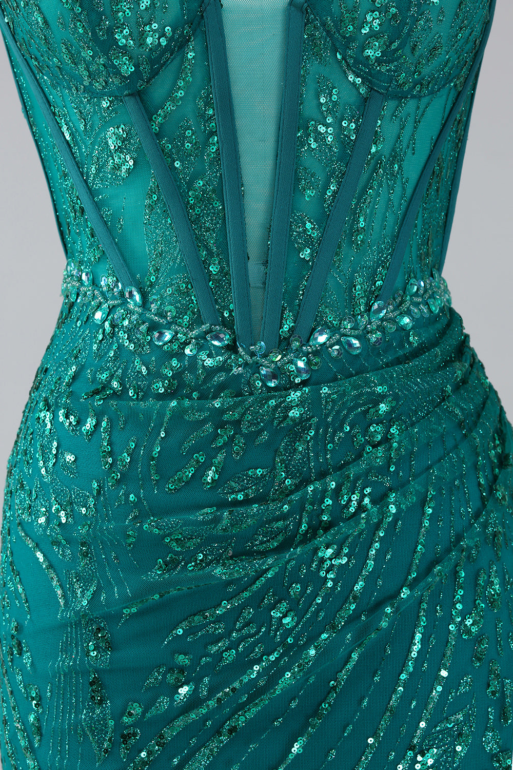 Dark Green Sparkly Mermaid Spaghetti Straps Corset Prom Dress With Slit Dark Green Sparkly Mermaid Spaghetti Straps Corset Prom Dress With Slit