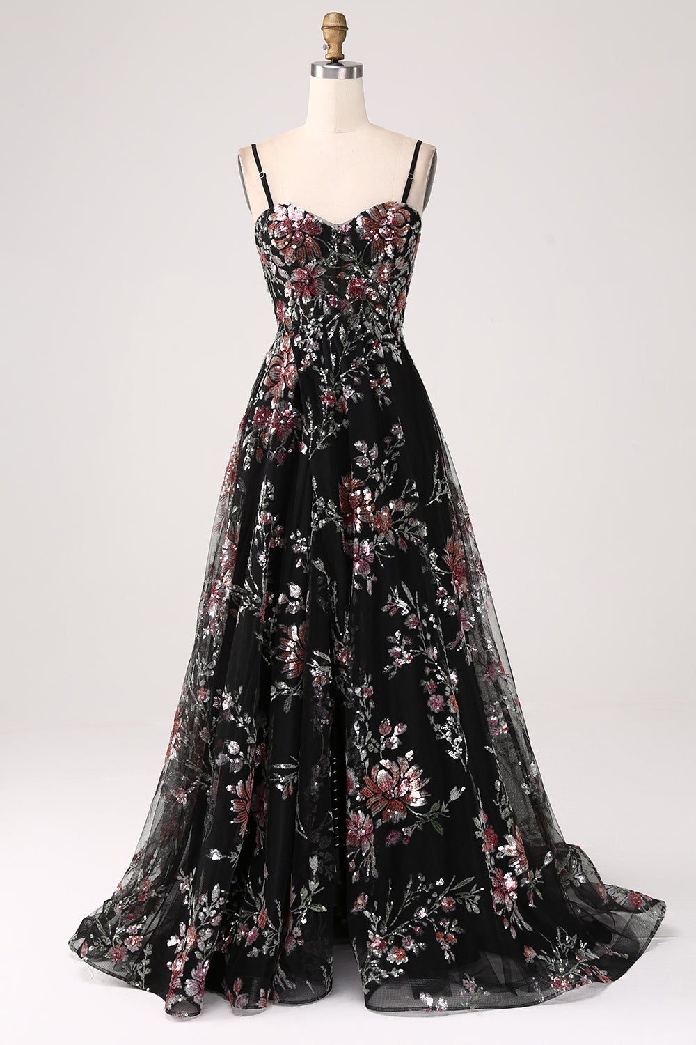 black prom dress with embroidered flowers La Femme 32051 - Floral Sequin V-Neck Prom Gown 10 / Black