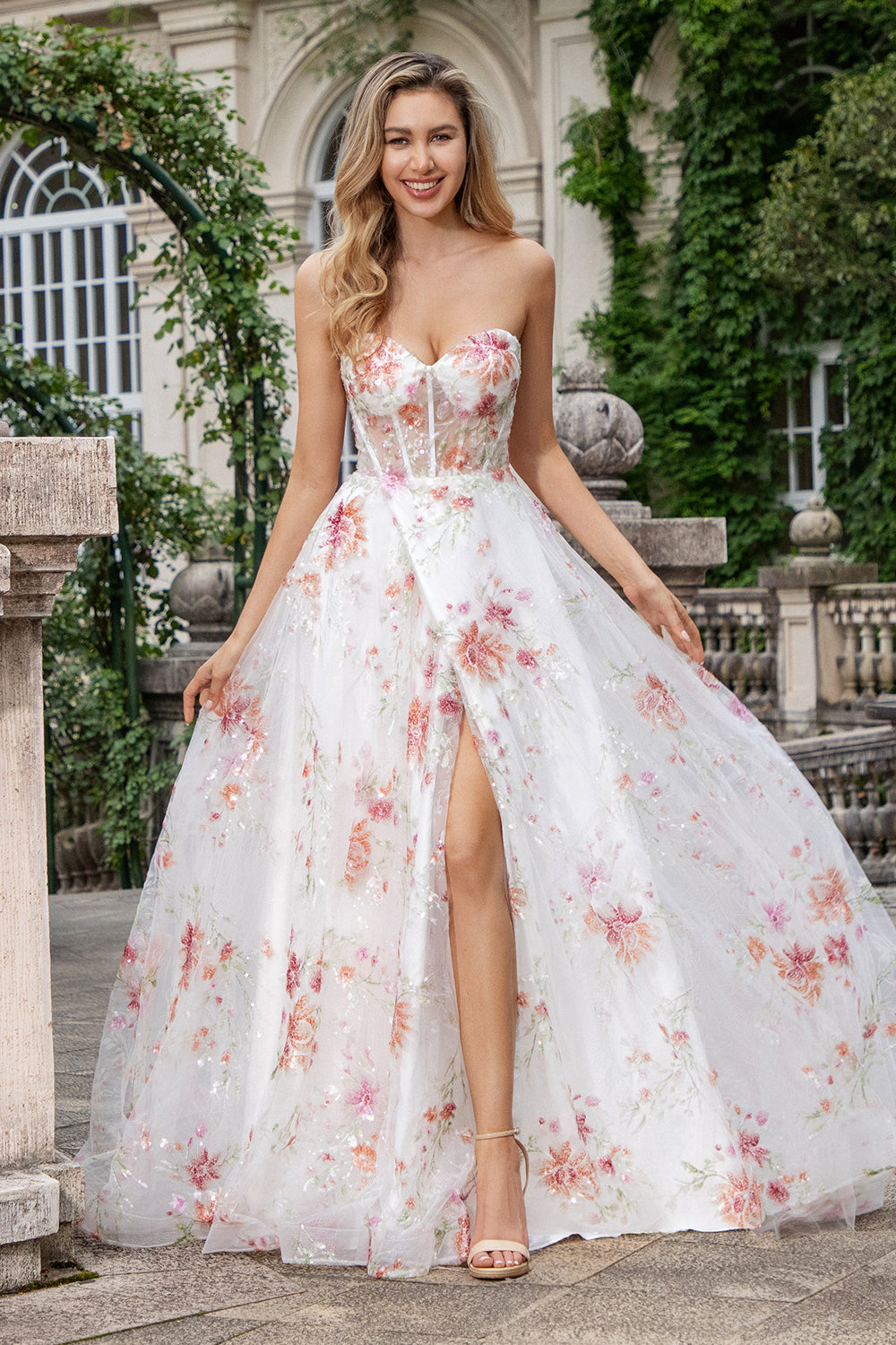 Zapakasa Women Ivory Flower Prom Dress with Slit A Line Sweetheart Embroidered Corset Long Wedding Dress Zapakasa Women Ivory Flower Prom Dress with Slit A Line Sweetheart Embroidered Corset Long Wedding Dress