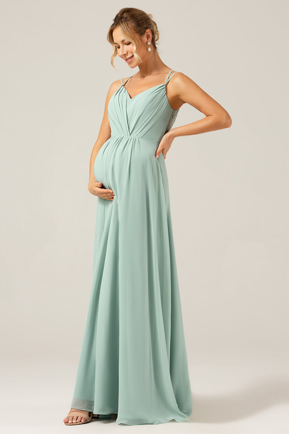 Zapakasa Women Matcha Maternity Bridesmaid Dress A-Line Spaghetti Straps Backless Pleated Long Wedding Guest Dress Zapakasa Women Matcha Maternity Bridesmaid Dress A-Line Spaghetti Straps Backless Pleated Long Wedding Guest Dress