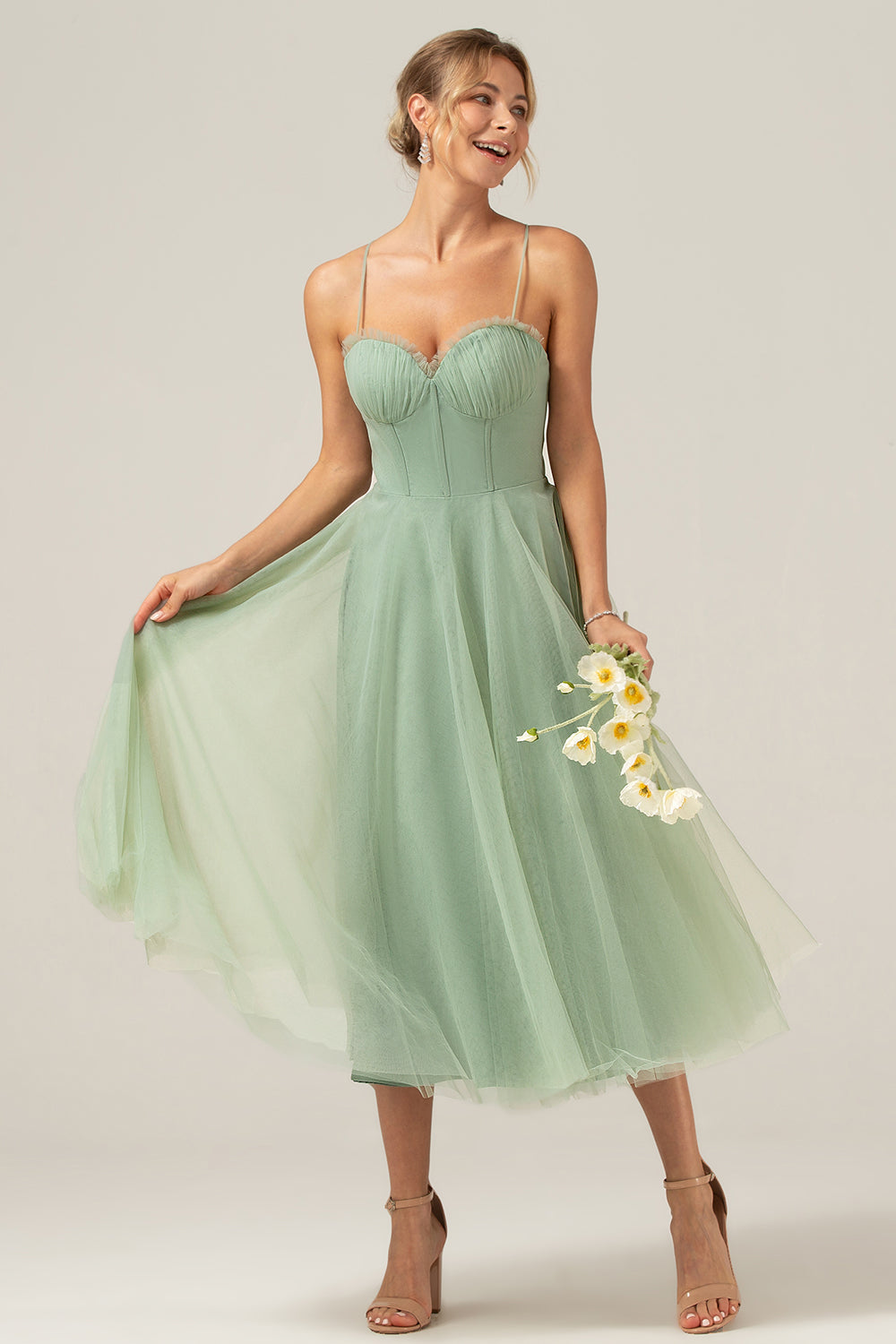 Zapakasa Women Matcha Bridesmaid Dress A-Line Spaghetti Straps Tea-Length Corset Tulle Wedding Guest Dress Zapakasa Women Matcha Bridesmaid Dress A-Line Spaghetti Straps Tea-Length Corset Tulle Wedding Guest Dress