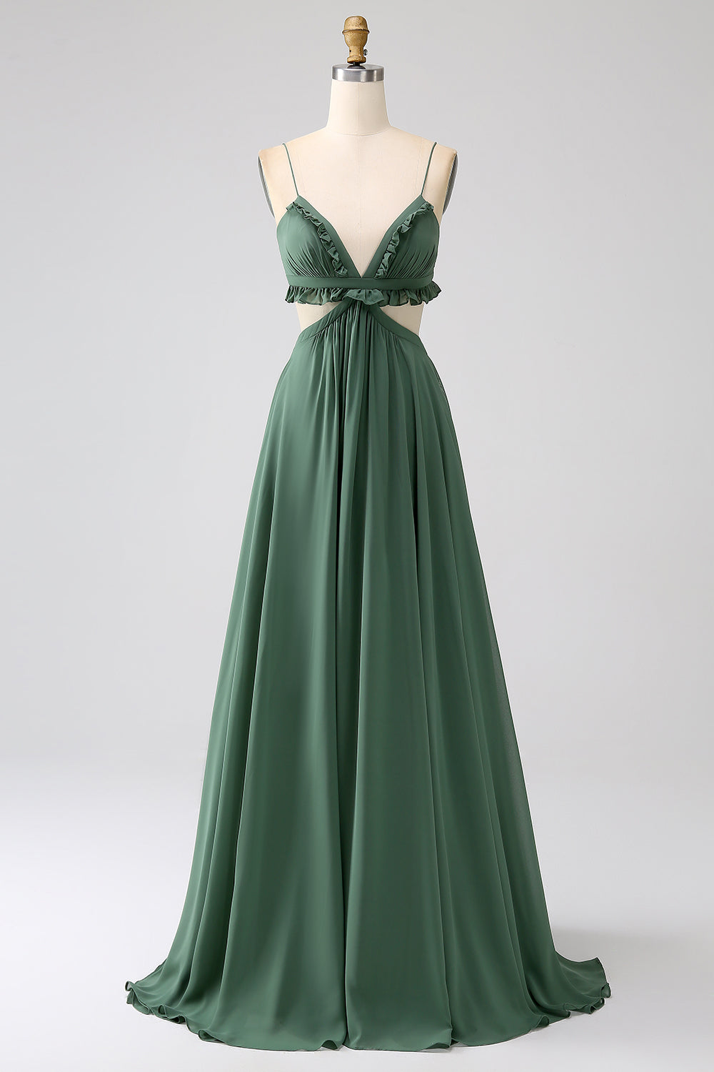Zapakasa Women Spaghetti Straps Ruffles Green Bridesmaid Dress with Hollow-out A Line Wedding Party Dress Zapakasa Women Spaghetti Straps Ruffles Green Bridesmaid Dress with Hollow-out A Line Wedding Party Dress