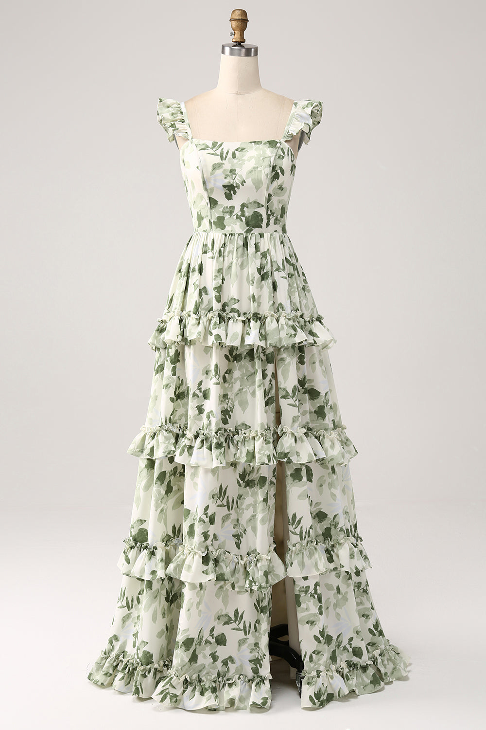 Zapakasa Women Ruffles Tiered Prom Dress with Slit Green Floral A Line Long Formal Dress Zapakasa Women Ruffles Tiered Prom Dress with Slit Green Floral A Line Long Formal Dress