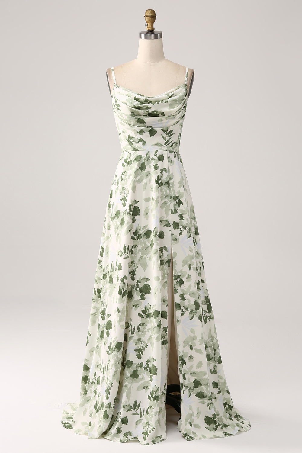 Zapaka Women Cowl Neck Green Floral Prom Dress with Slit A Line Spaghetti Straps Long Party Dress, Green / UK24 Zapaka Women Cowl Neck Green Floral Prom Dress with Slit A Line Spaghetti Straps Long Party Dress, Green / UK24