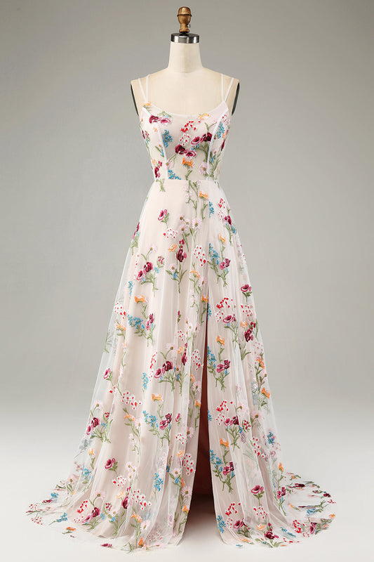 Ivory Flower Prom Dress A-Line Spaghetti Straps Corset Embroidery Long Tulle Wedding Dress With Slit