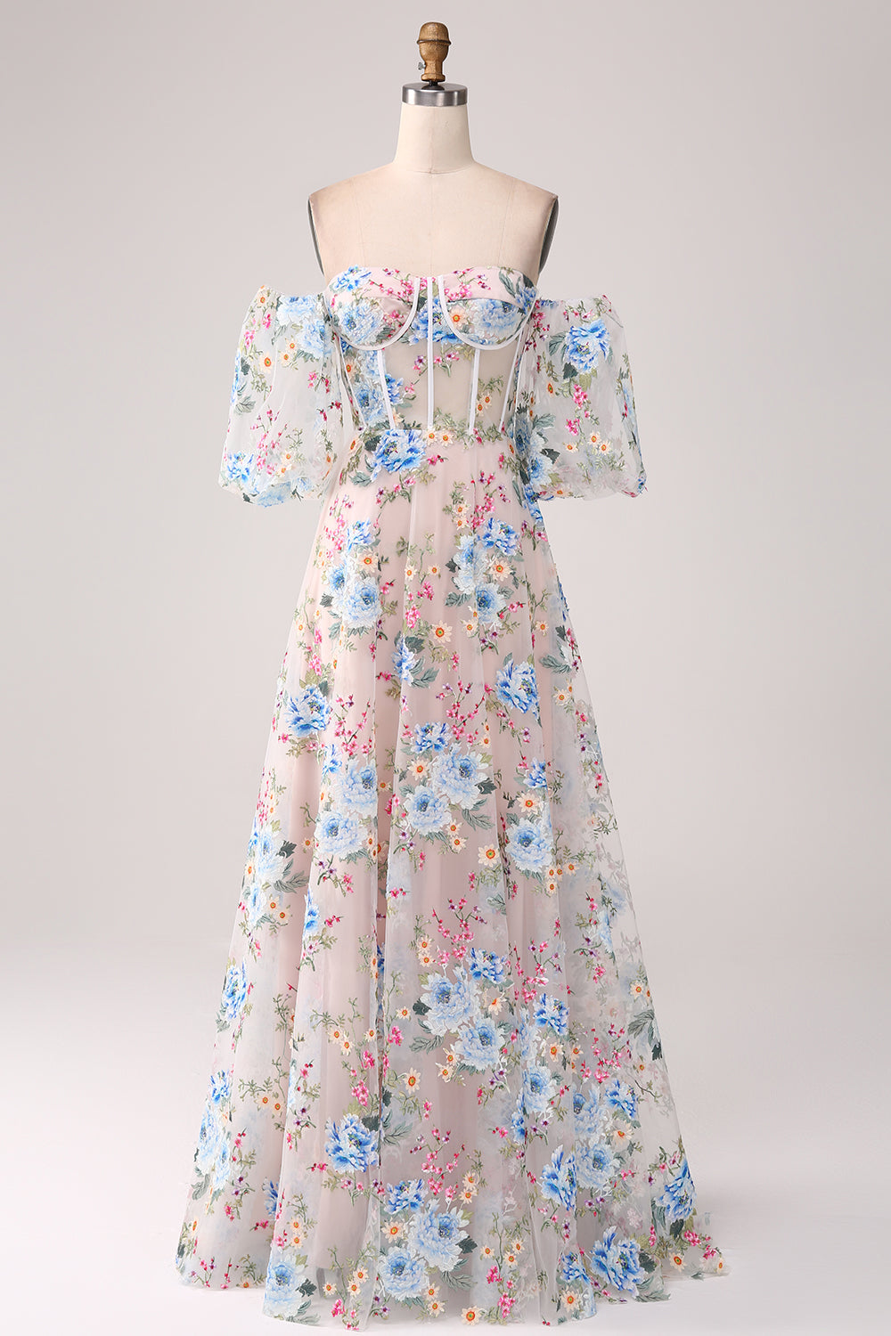 A-Line Apricot Flower Off the Shoulder Long Corset Prom Dress A-Line Apricot Flower Off the Shoulder Long Corset Prom Dress