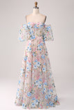 A-Line Apricot Flower Off the Shoulder Long Corset Prom Dress A-Line Apricot Flower Off the Shoulder Long Corset Prom Dress