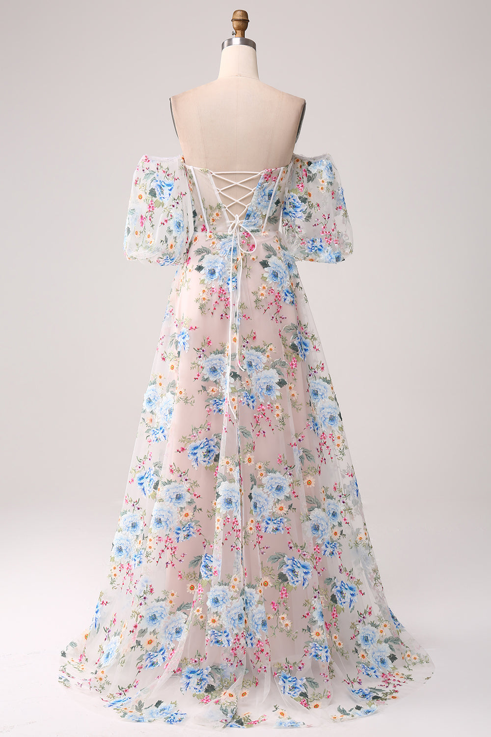 A-Line Apricot Flower Off the Shoulder Long Corset Prom Dress A-Line Apricot Flower Off the Shoulder Long Corset Prom Dress