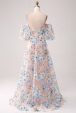 A-Line Apricot Flower Off the Shoulder Long Corset Prom Dress A-Line Apricot Flower Off the Shoulder Long Corset Prom Dress