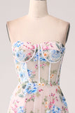 A-Line Apricot Flower Off the Shoulder Long Corset Prom Dress A-Line Apricot Flower Off the Shoulder Long Corset Prom Dress